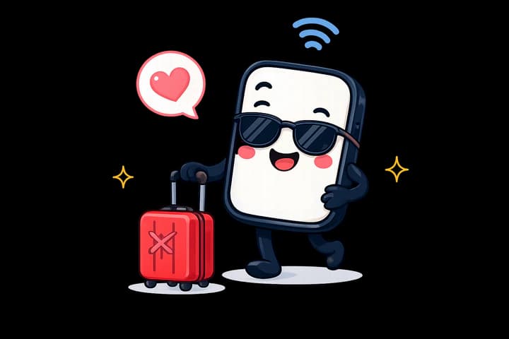 SimChao mascot with sunglasses pulling a red suitcase