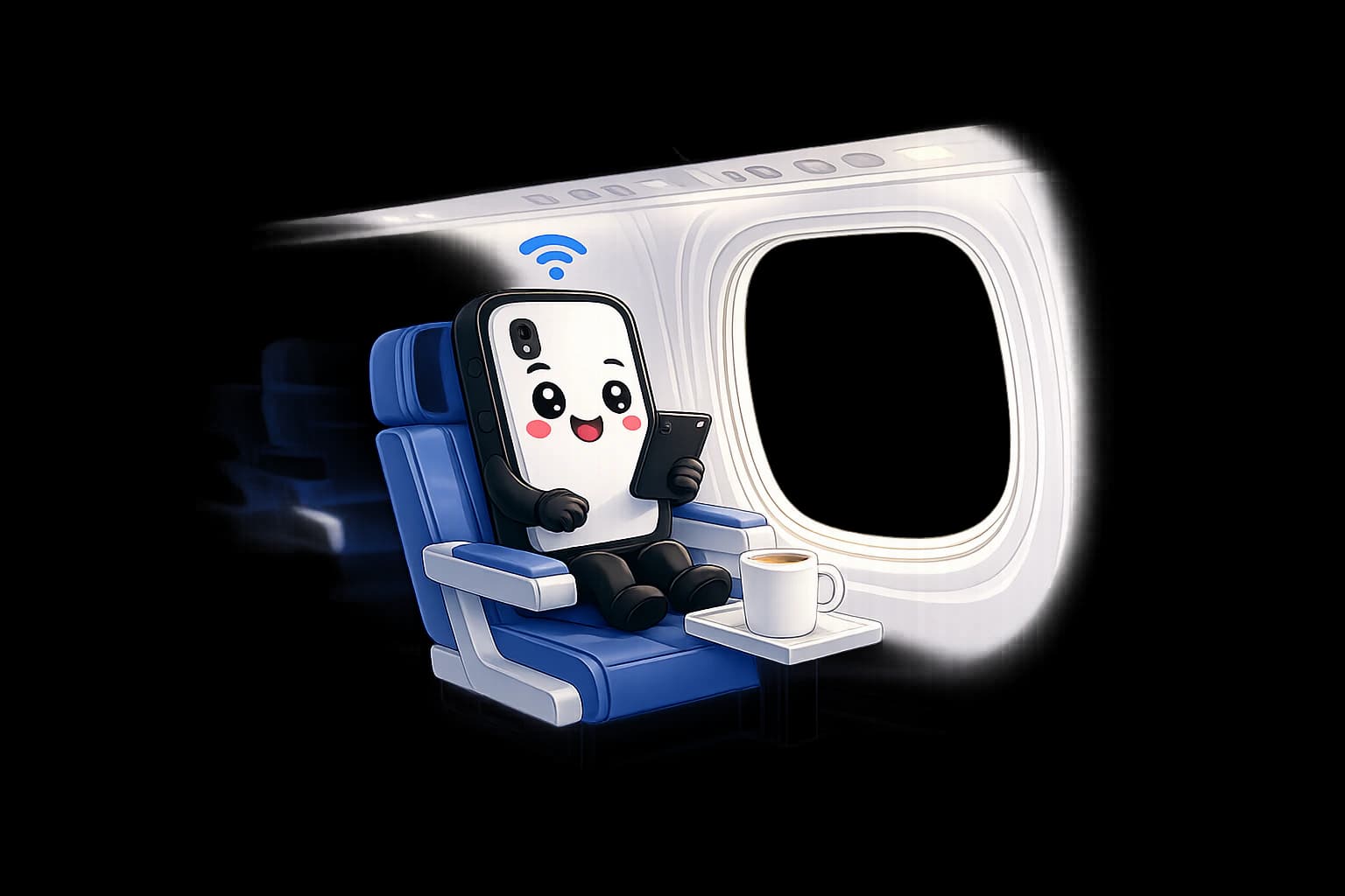 SimChao mascot relaxing in an airplane seat, browsing its phone by the window